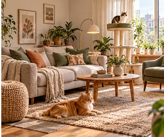 Sunlit apartment with sofa, resting corners and cat furnishings