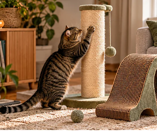 Cat using a tall scratching post next to a sofa