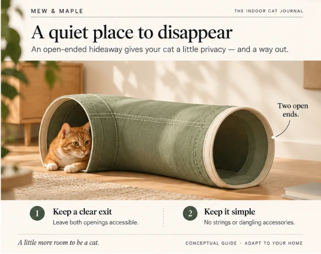 Diagram of a cat resting in a wide, open-ended indoor hideaway without dangling toys