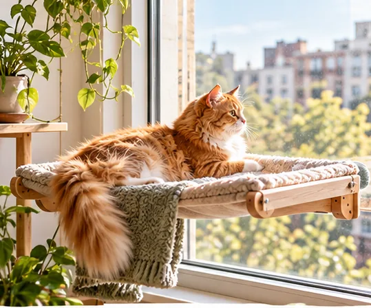 Ginger cat resting at a bright apartment window