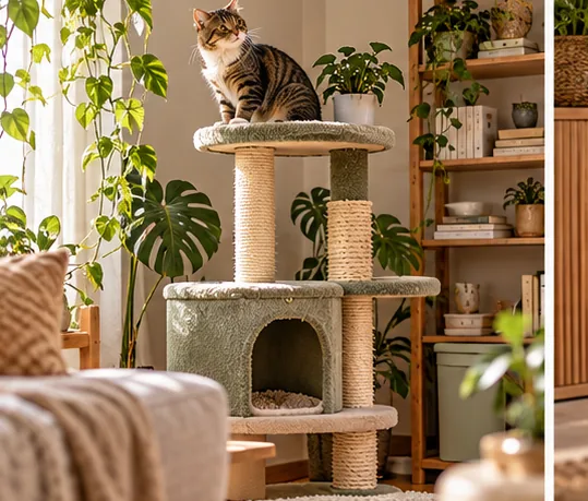 Cat tree and shelves arranged in a light apartment living room