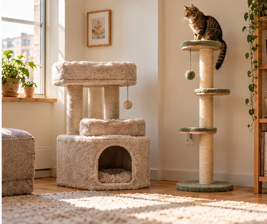 Two compact cat tree styles in a small sunny living room