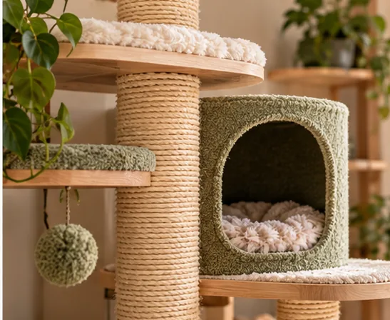 Close-up of a cat tree platform, cubby and scratching column