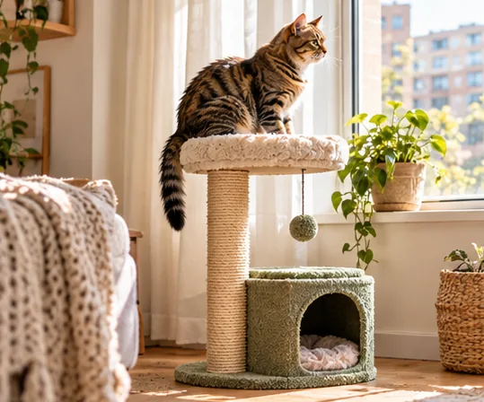 Tabby cat seated on a padded upper cat-tree platform
