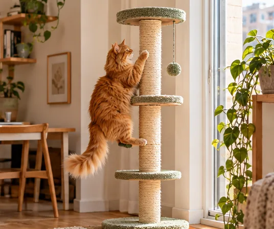 Ginger cat climbing intermediate platforms on a tall scratching tree
