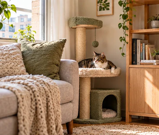 Compact scratching tower positioned near a sofa