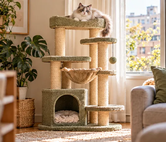 Large multi-level cat tree arranged beside a window