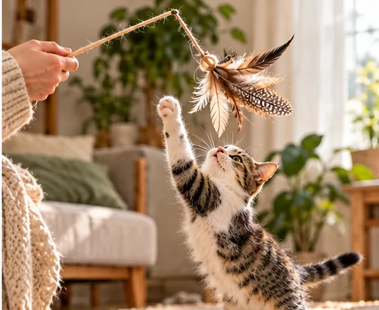 Cat engaging with a feather wand held by a person