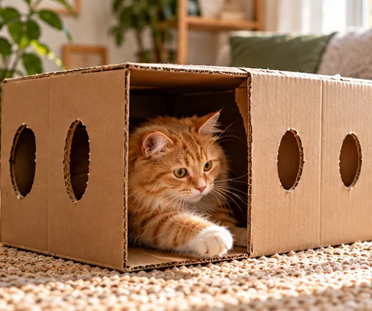 Cat peeking from an open cardboard box with round windows
