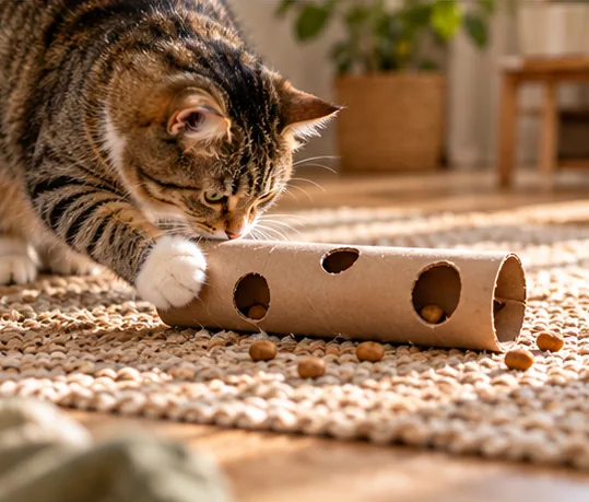 Cat investigating a hole-punched cardboard play tube
