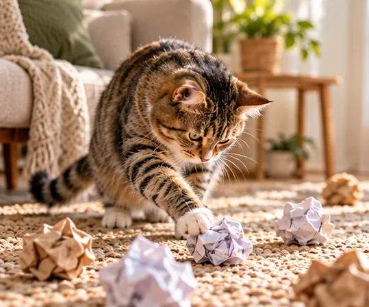 Tabby batting at loosely crumpled paper during floor-level play