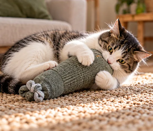 Cat playing with a soft cloth toy in a cozy room
