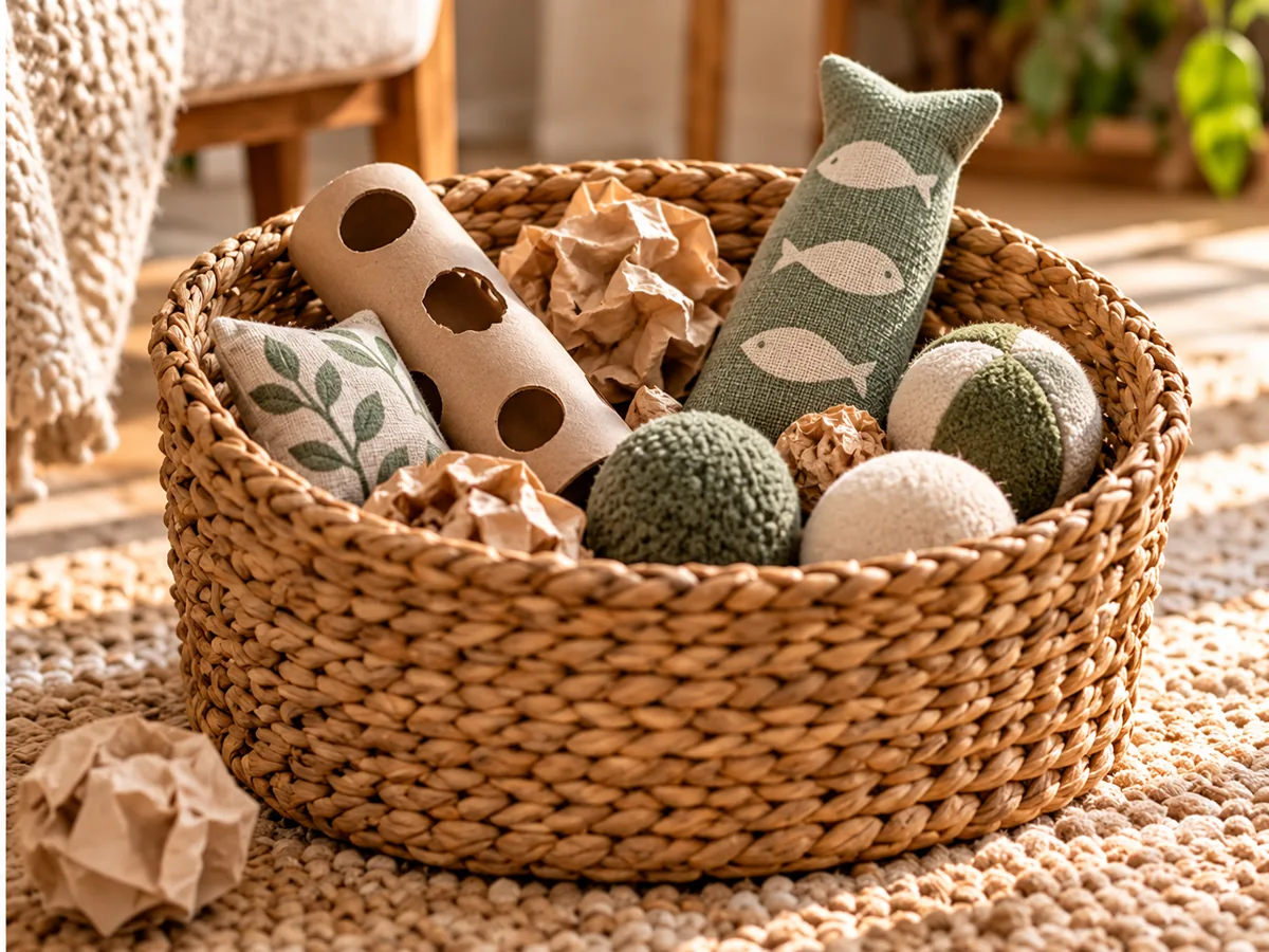 Basket of paper, cardboard and fabric craft materials requiring careful inspection