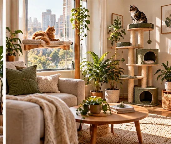 Comfortable indoor living room with a cat tree and resting place
