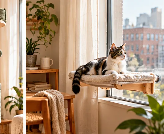 Cat resting on a stable window platform in a bright apartment