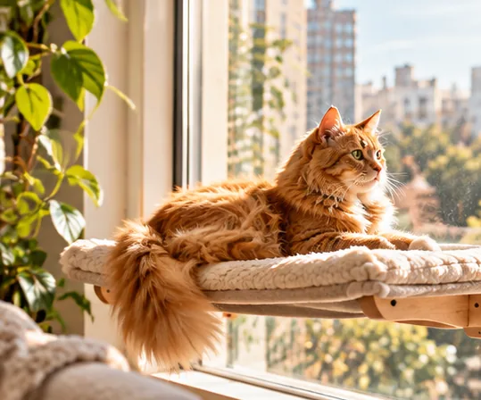 Ginger cat watching outdoors from a padded window perch