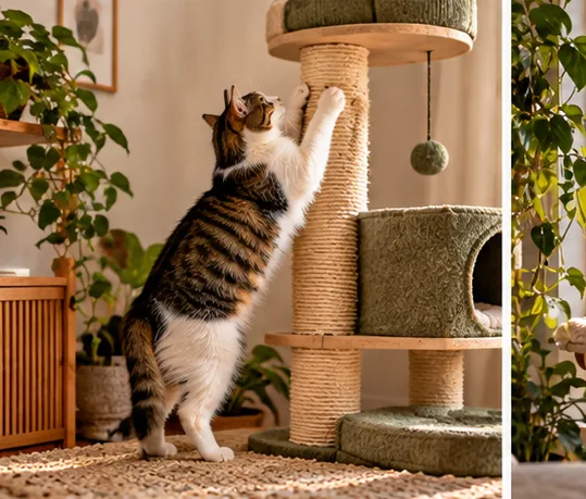 Tabby scratching an upright sisal-wrapped cat post