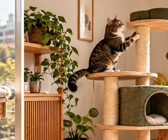Tabby cat seated on a multi-level tree with a sheltered cubby