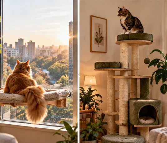 Ginger cat quietly resting at a sunny apartment window