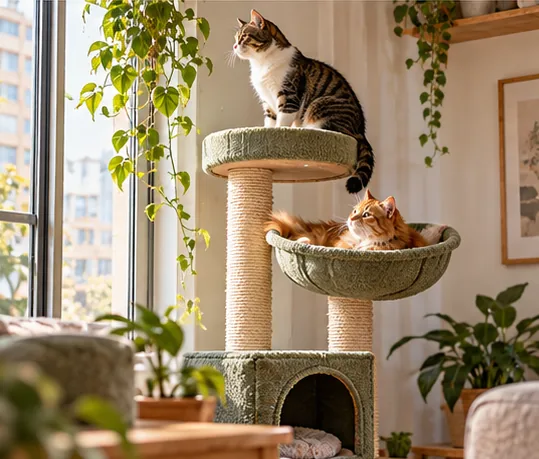Two cats using different heights on a multi-tier cat tree