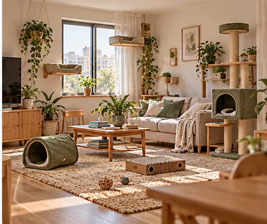 Open-plan apartment arranged with multiple cat resting and play areas