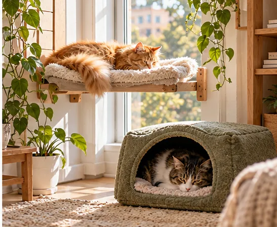 One cat on a window bed while another rests in a fabric den