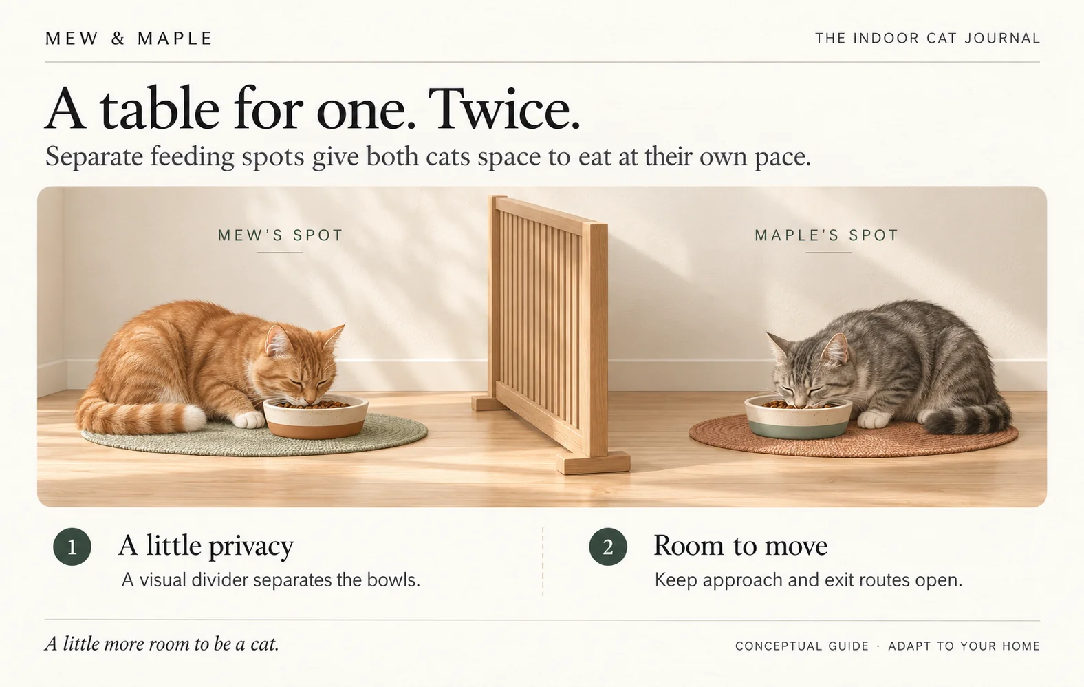 Diagram of two cats at separate feeding stations with a visual divider between their bowls