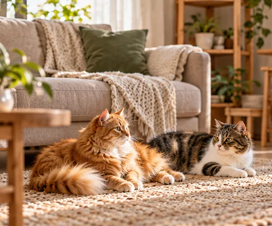 Two cats lying near each other on a living room rug