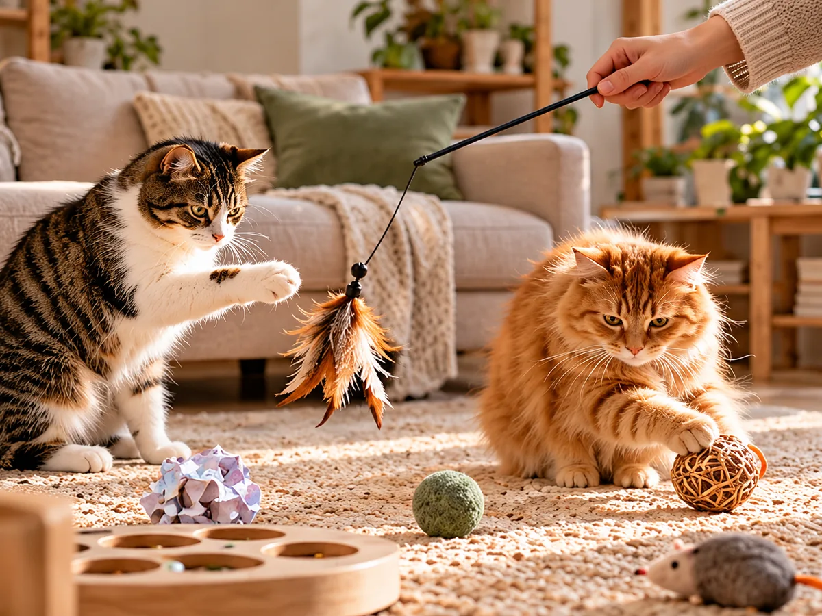 Adult supervising a cat playing with a feather wand while a second cat explores nearby toys