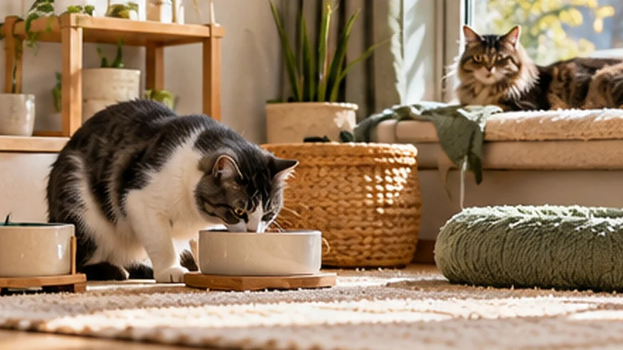 Two indoor cats using separate areas of a bright living room