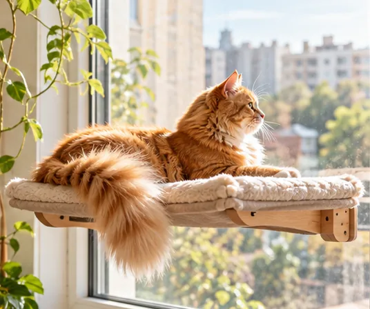 Ginger cat on a securely mounted window-side resting platform