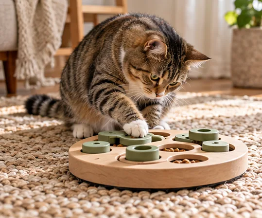 Tabby cat exploring a circular wooden food puzzle