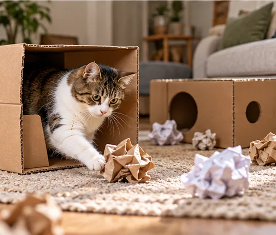 Cat exploring a clean cardboard hideout and paper play area