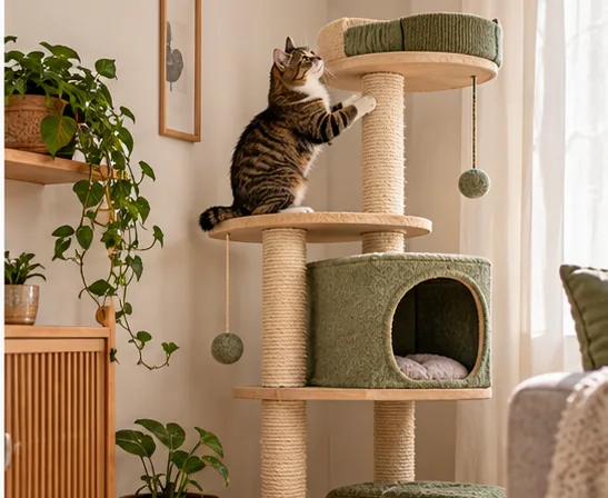 Tabby cat using a scratching post on a tall indoor cat tree