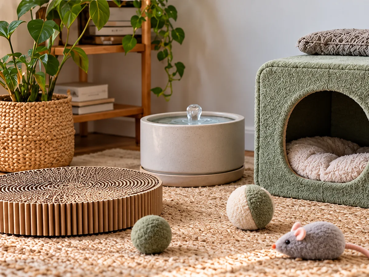 Compact cat retreat with low cardboard scratcher, covered bed and resting area