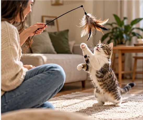 Owner engaging a cat with a handheld feather wand