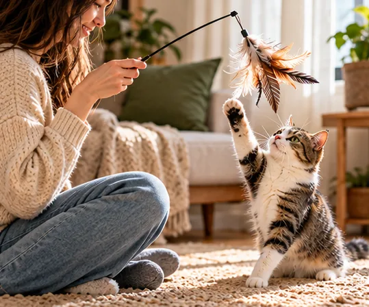 Cat reaching toward a feather wand held by its owner