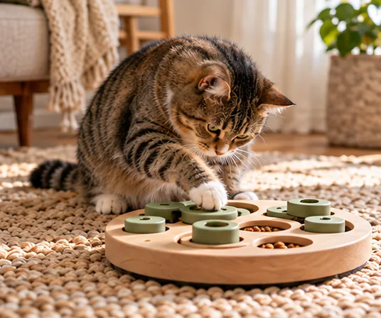 Tabby working at a wooden food puzzle