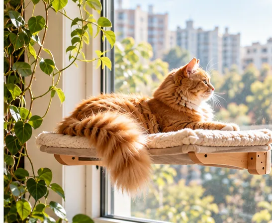 Ginger cat resting at a bright window