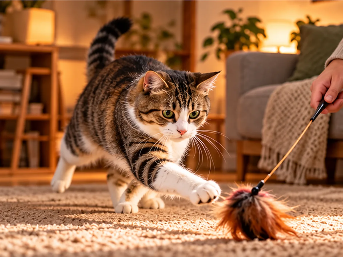 Adult hand holding a feather wand while a tabby cat chases the lure at floor level