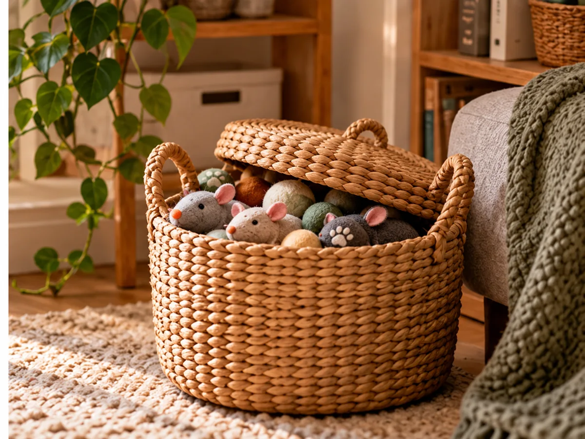 Woven basket containing intact soft cat toys beside a sofa