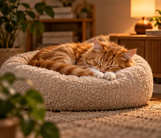 Ginger cat napping in a soft round bed