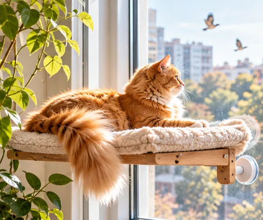 Ginger cat watching birds from a padded window perch