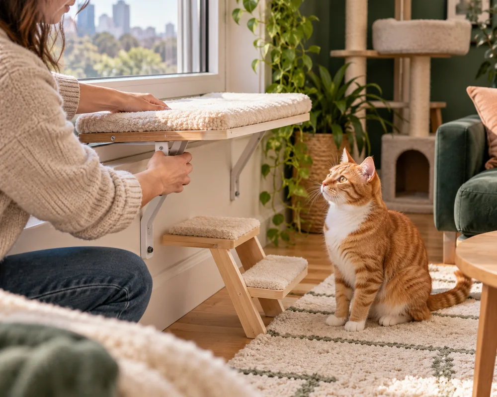 Owner inspects a bracket-mounted padded window perch while a tabby cat watches from the floor