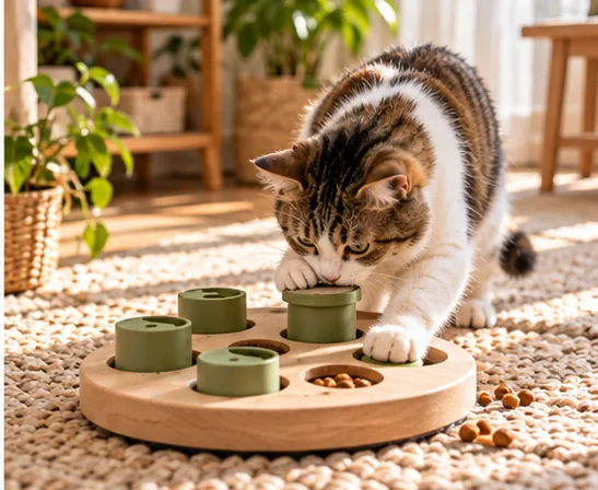 Tabby cat at a round food puzzle on the floor