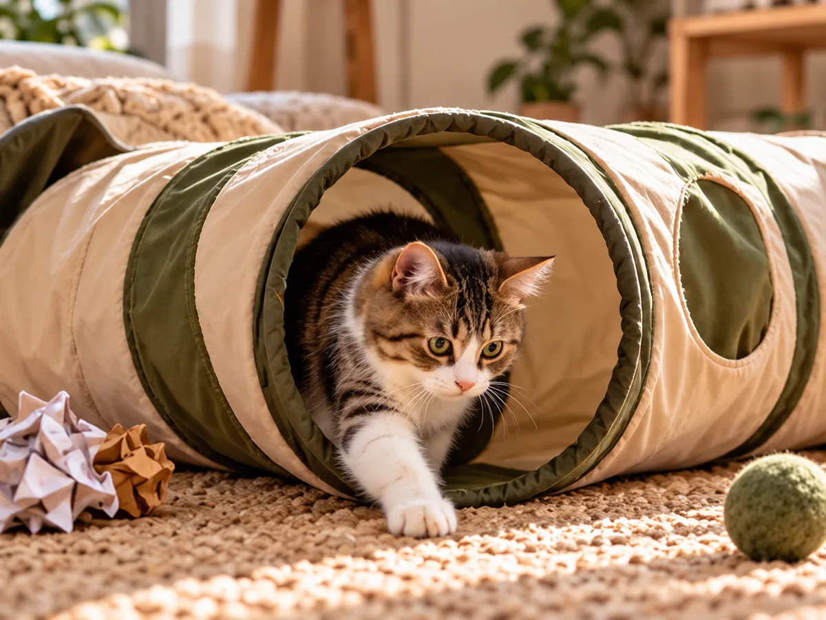 Tabby exploring a fabric play tunnel without dangling accessories